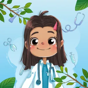 Illustration of a smiling girl veterinarian wearing a white coat with a stethoscope, surrounded by medical tools and leafy branches.