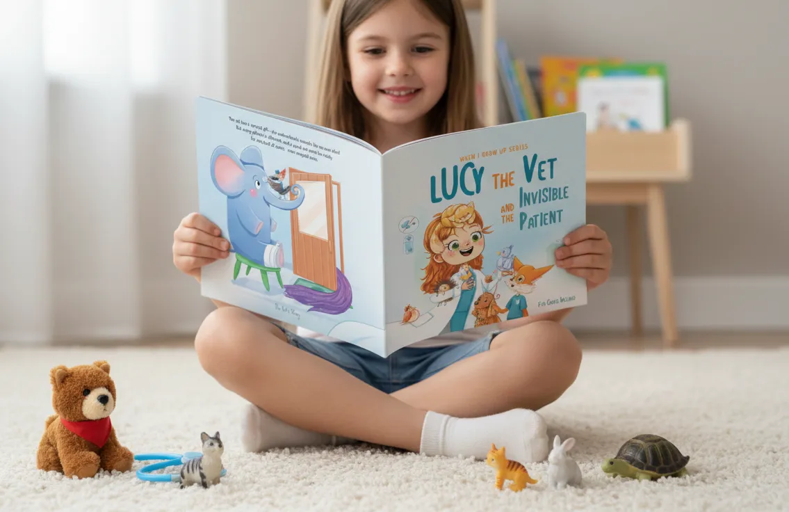 Smiling girl sitting cross-legged on a carpet, reading a colorful children's book titled 'Lucy the Vet and the Invisible Patient' surrounded by small animal toys.