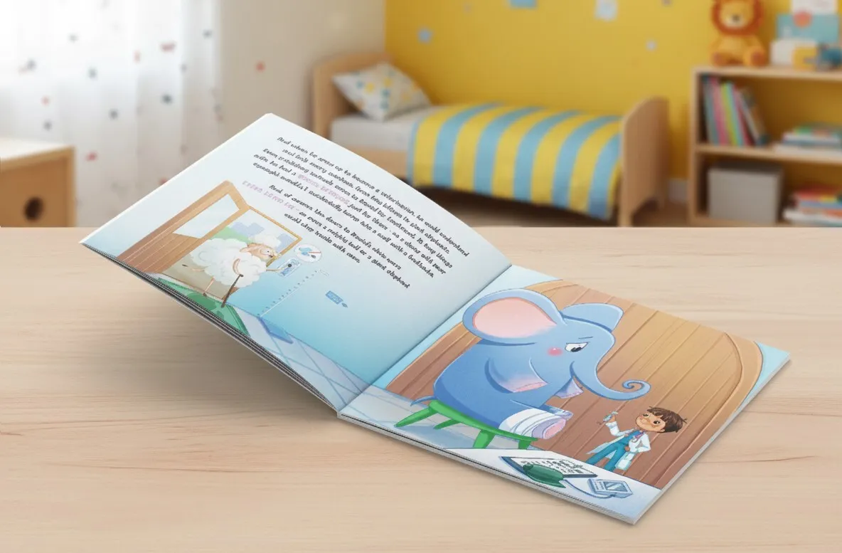 Open children's book on a table illustrating a blue elephant with a bandaged leg and a child doctor holding a syringe in a colorful room with a bed and bookshelf in the background.