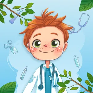 Illustration of a smiling young red-haired boy dressed as a doctor with a stethoscope around his neck, surrounded by medical tools and green leafy branches.