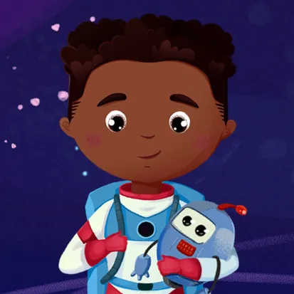 Illustration of a boy with curly hair wearing a spacesuit and holding a smiling robot toy.