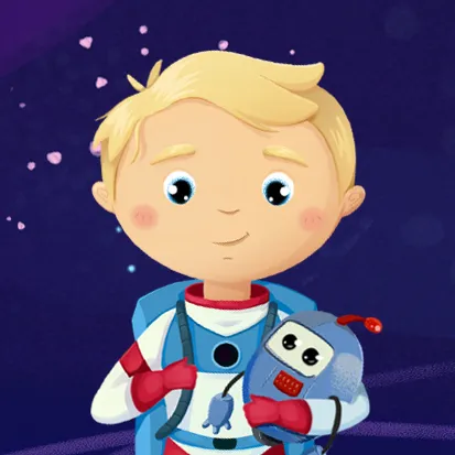 Illustration of a blonde boy in a white astronaut suit holding a small blue and red toy robot against a dark starry background.