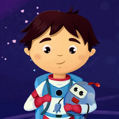 Animated boy with dark hair wearing a space suit holding a small blue robot toy against a purple starry background.