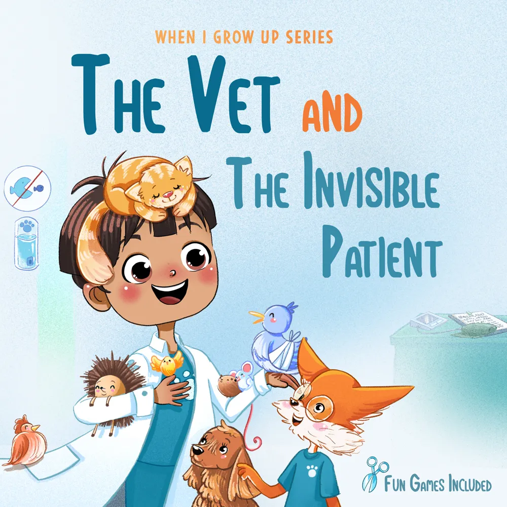 Illustration of a smiling young vet boy with a sleeping orange cat on his head, holding a mouse and bird, surrounded by a dog, fox in blue shirt, and other small animals.