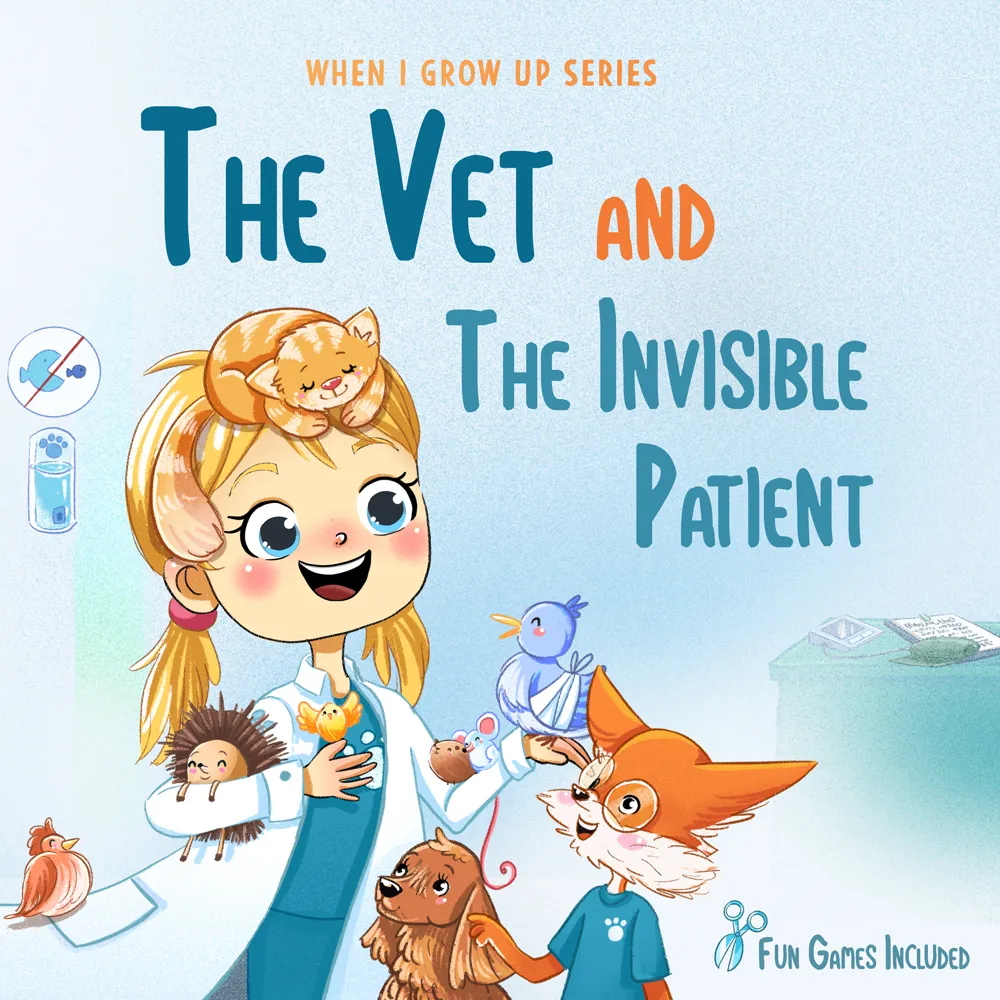 Illustration of a smiling female vet surrounded by various animals including a cat on her head, a dog, a fox wearing glasses, birds, and a hedgehog, with text 'The Vet and The Invisible Patient' and 'Fun Games Included'.