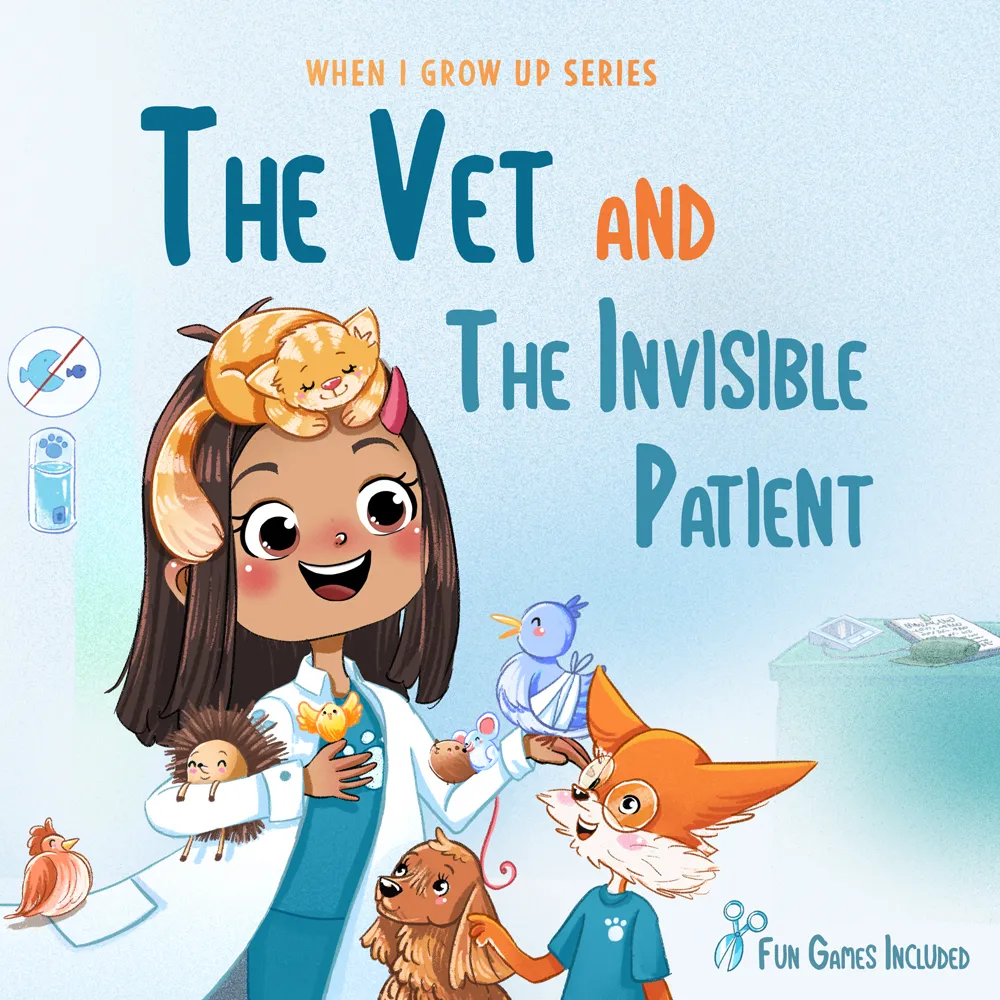 Illustration of a smiling female vet with a cat on her head, holding small animals including a hedgehog, bird, and mouse, alongside a dog and a fox wearing glasses and a paw-print shirt.
