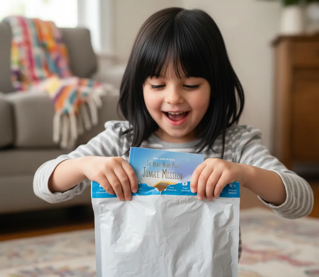 Smiling young girl opening a white delivery bag labeled 'The Brave Heart Pilot: Jungle Mission' indoors.