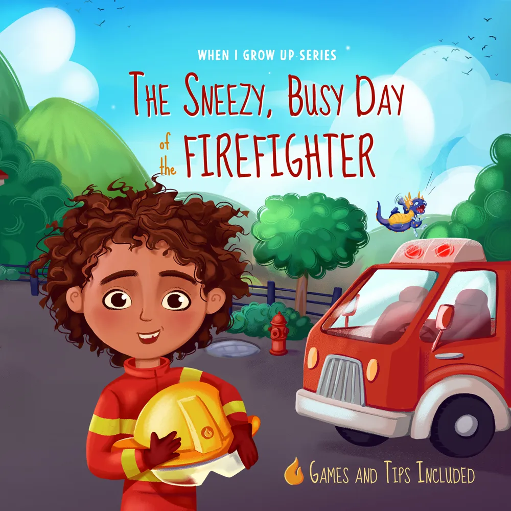 Illustration of a smiling child with curly hair holding a yellow firefighter helmet beside a red fire truck, with trees and hills in the background and the title 'The Sneezy, Busy Day of the Firefighter' above.