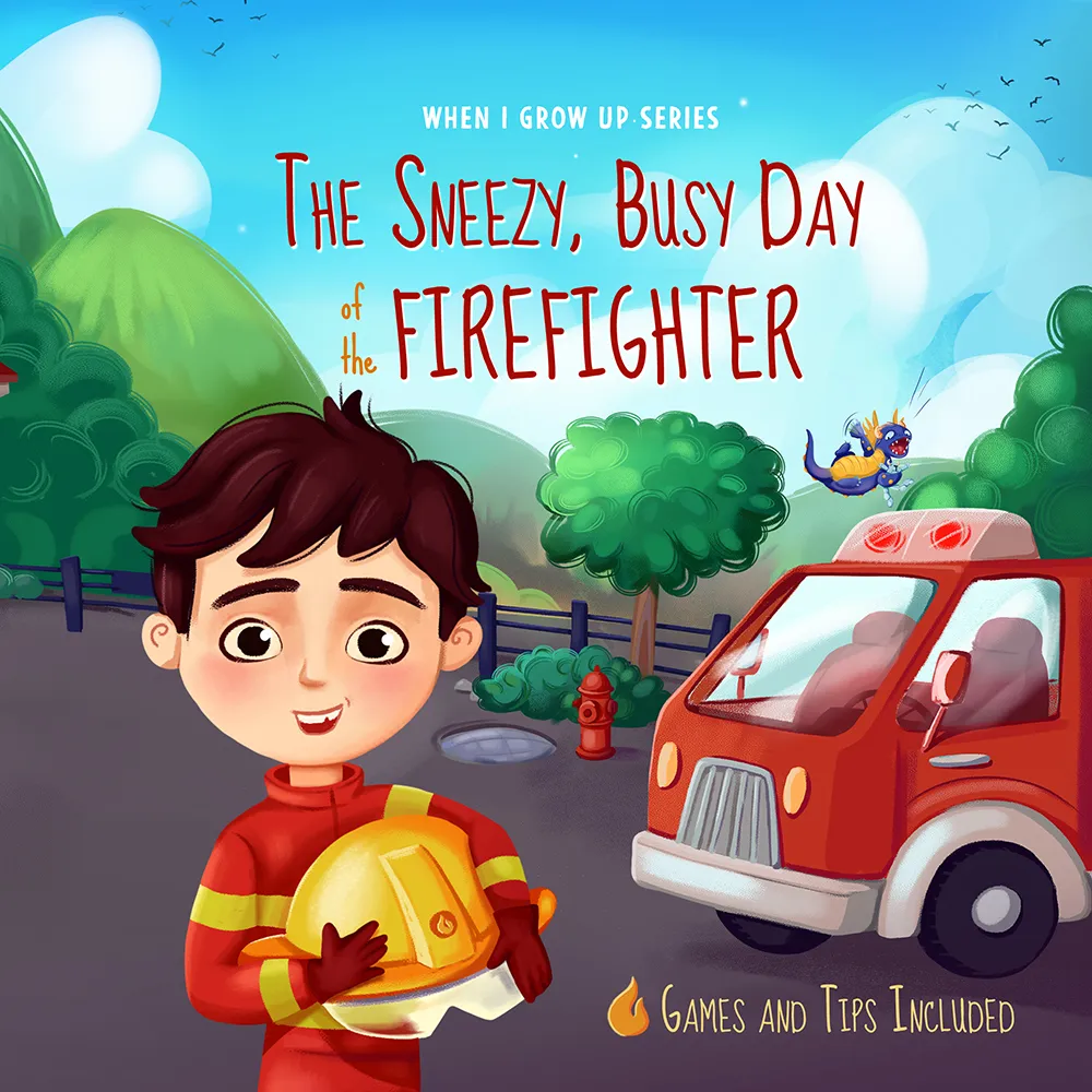 Illustration of a young boy in firefighter gear holding a yellow helmet next to a red fire truck, with trees and hills in the background and text reading 'The Sneezy, Busy Day of the Firefighter'.