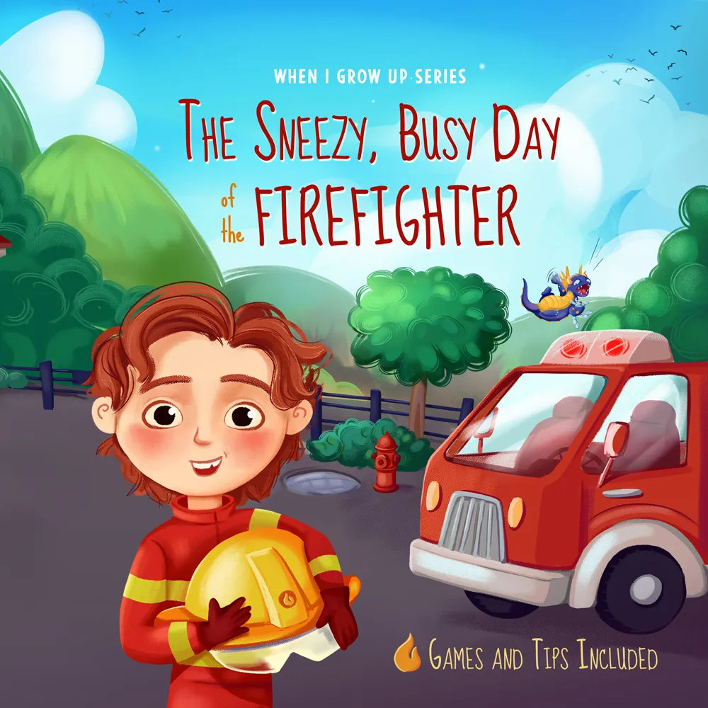 Illustration of a smiling child in a firefighter uniform holding a yellow helmet, standing near a red fire truck with trees and hills in the background.