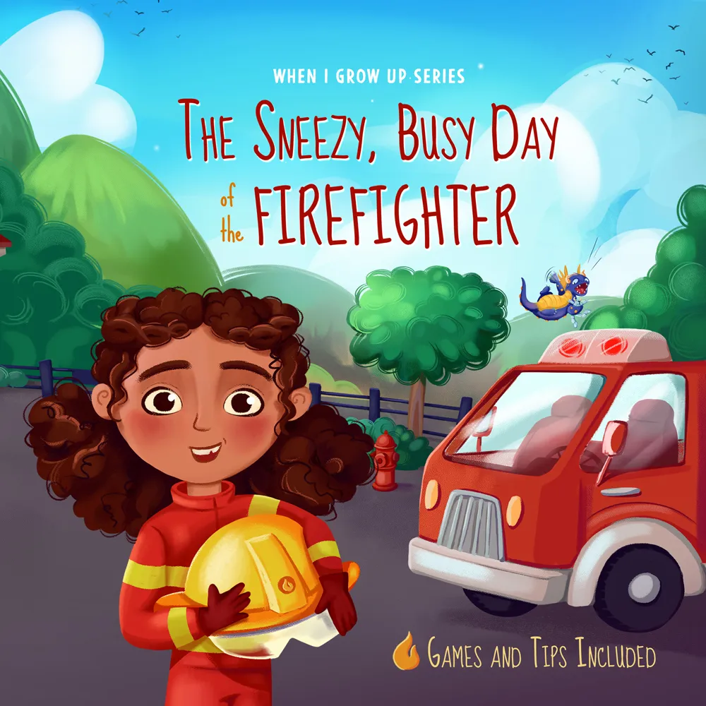 Illustration of a smiling girl firefighter holding a yellow helmet, standing next to a red fire truck with trees and hills in the background.