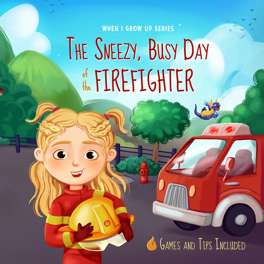 Illustration of a smiling blonde girl in firefighter gear holding a yellow helmet beside a red fire truck with trees and hills in the background.