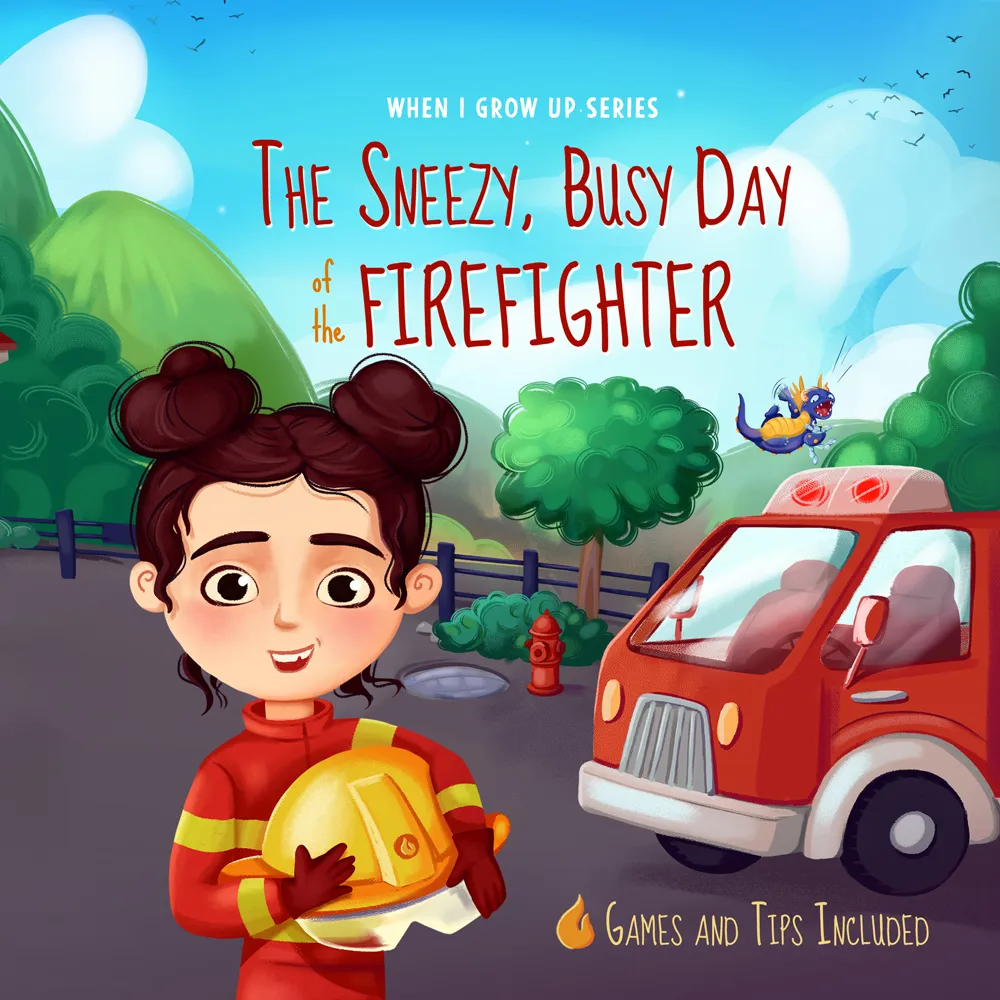 Illustration of a young girl in firefighter gear holding a yellow helmet, standing near a red fire truck with trees and mountains in the background.