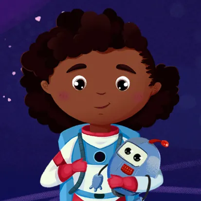 Illustration of a child with curly hair wearing a space suit holding a small robot toy.
