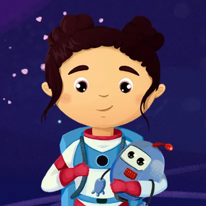 Cartoon girl with dark hair in buns wearing a spacesuit holding a small blue robot toy.