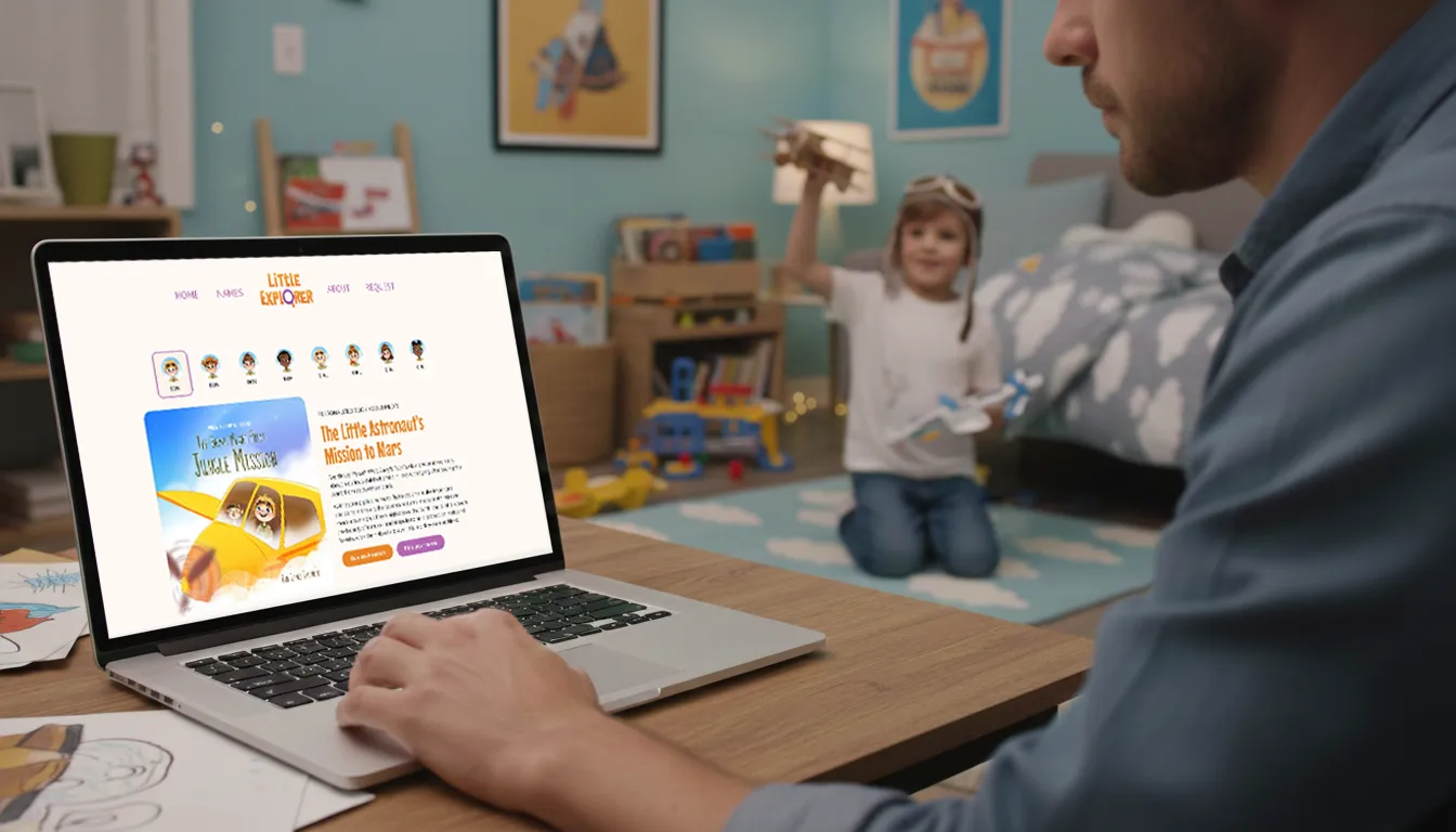 Adult using a laptop displaying a children's story website while a child plays with toy airplanes in the background of a cozy room.